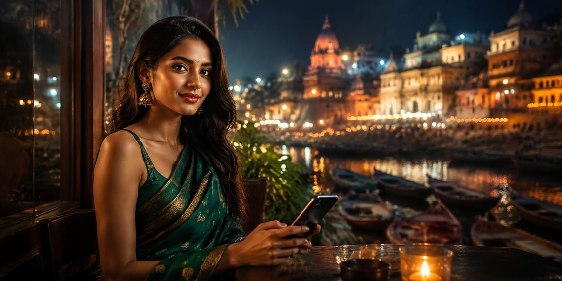 A player at Varanasi Ghat using mobile device for easy payments and casino betting